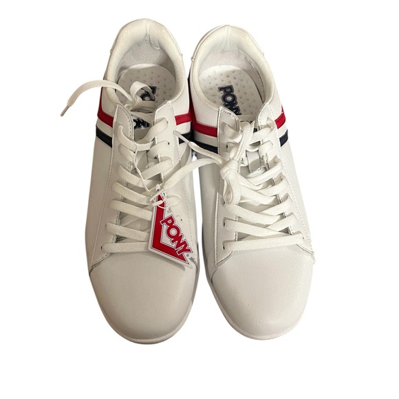 NWT Pony White Leather Sneakers with Red and Navy Stripes - Picture 2 of 5